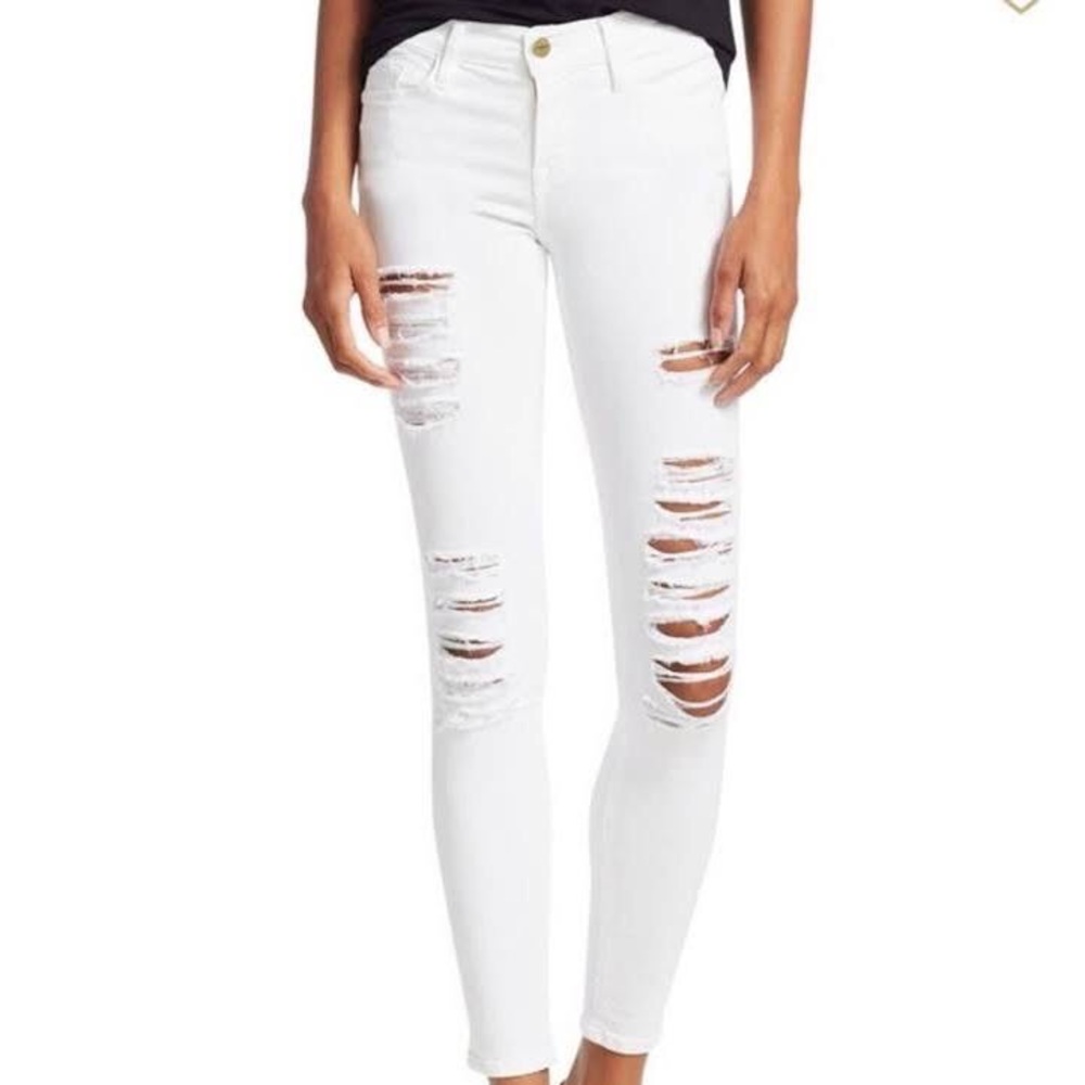 Frame Le Skinny de Jeanne ripped white mid-rise jeans, size 26